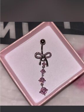 Pink Bow Dangle Navel Ring Belly Button Jewelry